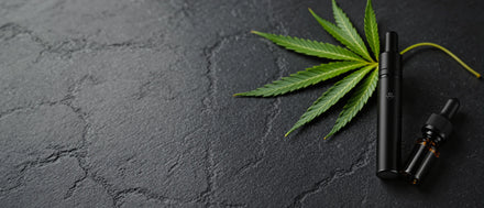 CBD Liquid: Vape Pen und braune Liquid-Flasche neben einem Hanfblatt auf dunklem Schiefer