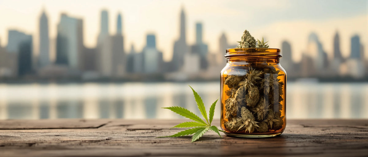 CBD Blüten im Glas vor Frankfurter Skyline – CBD Shop Hessen