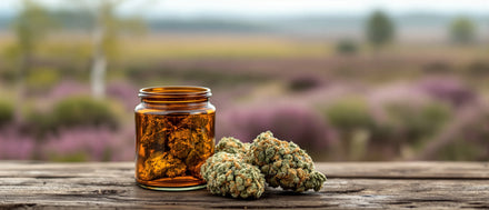 CBD Blüten im Glas in der Heidelandschaft – CBD Shop Niedersachsen