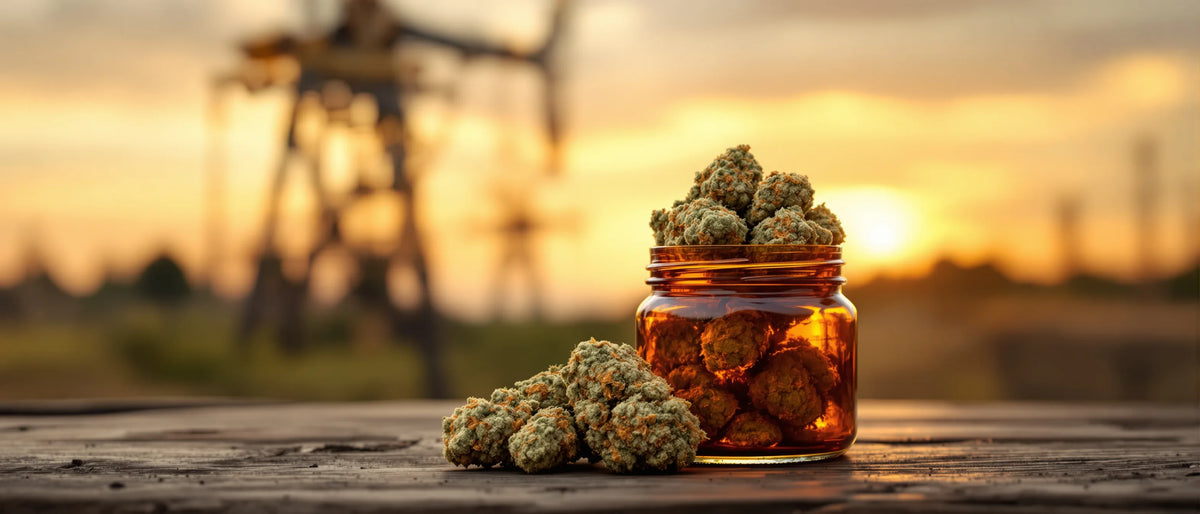 CBD Blüten im Glas vor Förderturm-Silhouette – CBD Shop Nordrhein-Westfalen