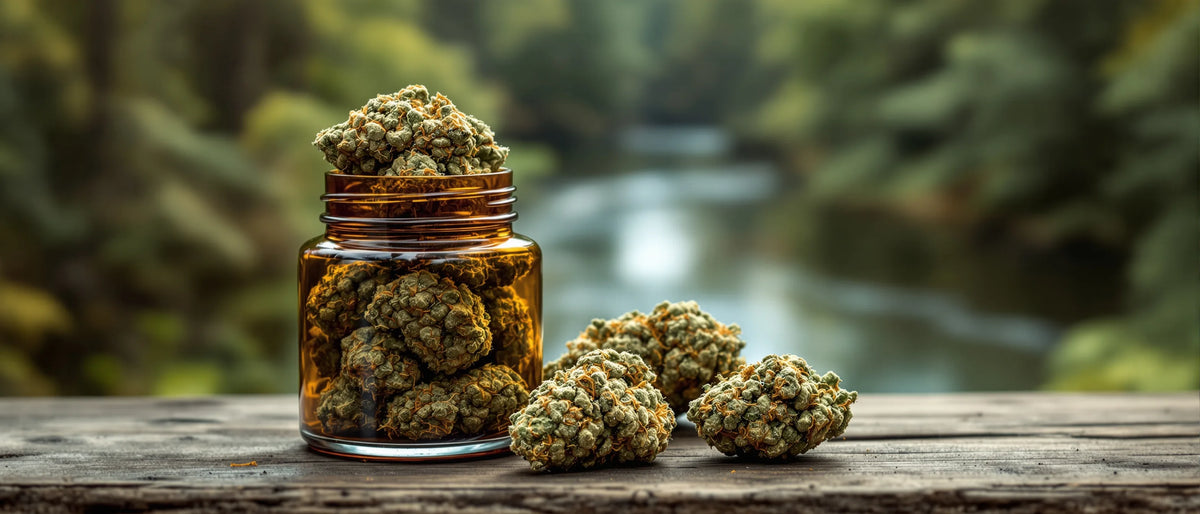 CBD Blüten im Glas an der bewaldeten Flussschleife – CBD Shop Saarland