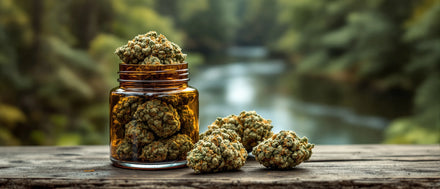 CBD Blüten im Glas an der bewaldeten Flussschleife – CBD Shop Saarland