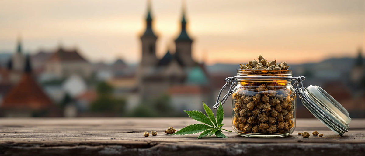 CBD Blüten im Glas vor Altstadt-Silhouette – CBD Shop Sachsen