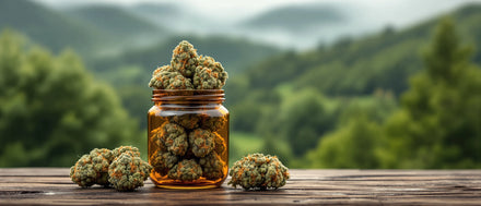 CBD Blüten im Glas vor bewaldeten Hügeln – CBD Shop Thüringen
