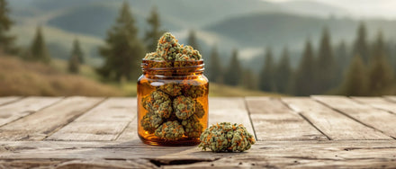 CBD Blüten im Glas vor Schwarzwald-Kulisse, CBD Shops Baden-Württemberg