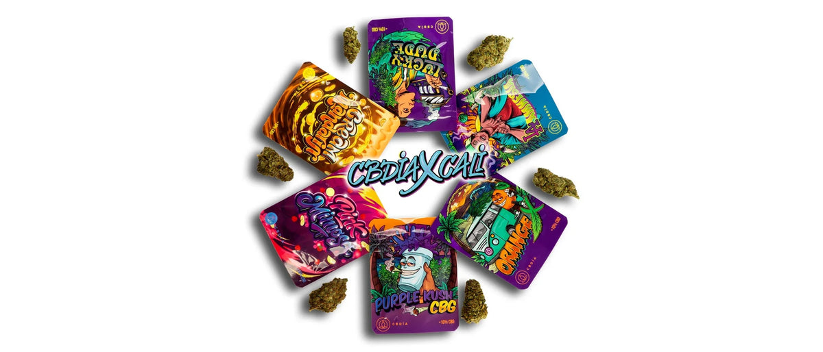 Bunte Cali Packs von CBDÍA im Kreis mit Blüten, was ist Cali Weed