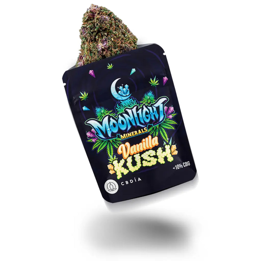 Eine Blüte in einer Verpackung von der Sorte Vanilla Kush